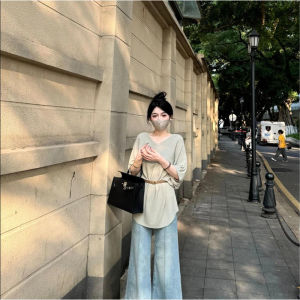 YUEZHONGWEI | Slimming V-neck Short Sleeve Ice Silk Knitted T-shirt Korean Style Commute Fashion Casual Loose Fit Summer Top For Women