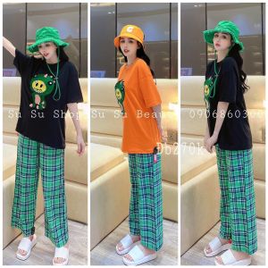 Đồ Bộ Nữ Khủng Long Quần Ống Suông Rộng Kaki Bigsize ESHOP Đồ mặc nhà dễ thương đi chơi đẹp cá tính rộng thoải mái QD01