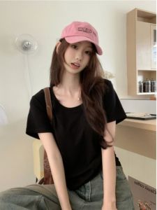 Áo Thun Nữ Tay Ngắn Ôm Vừa Vặn Màu Đen Mùa Hè 2025 Phong Cách Mới Hở Xương Đòn Đa Năng Thời Trang Thường Ngày