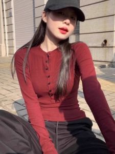 American Style Red Long Sleeve T-Shirt Women Early Autumn Inner Wear Slim Fit V-Neck Half Open Collar Long Shirt Cotton Blend