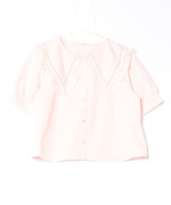 French Girl Series Sweet Luxury Pearl Pleated Lace Short Sleeve Shirt Womens Top Large Collar Polyester Cotton Blend Shirt