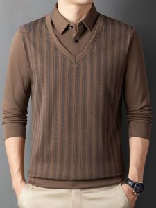 ROMON | Lormen Mens Casual Long Sleeve Polo Shirt Autumn New Style Collared Base Layer Top Dad Clothes Polyester Spandex Blend