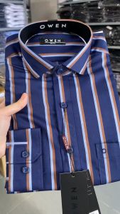 OWEN SALE - Áo Sơ Mi Owen Tay Dài Màu Sọc Nâu - Nền Xanh Navy  Họa Tiết Sọc Dọc Form Slim Fit Lai Bầu Chính Hãng