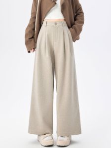 Elastic Waist Womens Thickened Woolen Wide Leg Trousers For Woman Autumn Winter Loose Straight Ankle-Length Pants Lady
