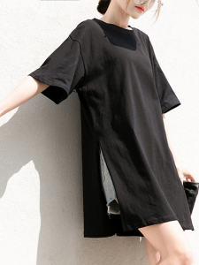 Loose Fit Mid-Length Short-Sleeve T-Shirt Womens Style Summer plus Size Pure White Large Version Body Tee Black Side Slits