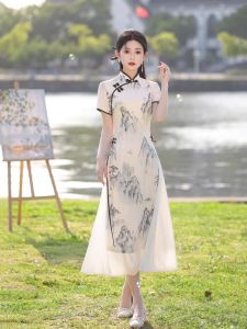 New Chinese Style Watercolor Painting Cheongsam Dress Women Summer 2025 High End National Tea Artist Tea Clothing Dress