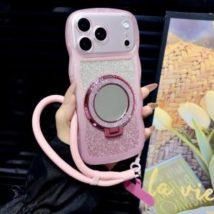 Glitter Wavy Case for iPhone 18 Pro Max 16 15 14 13 12 17 Mirror Ring Holder Magnetic Shockproof Short Wrist Lanyard Strap Cover