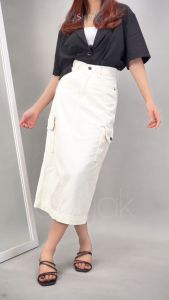 DISYAK - Rok Cargo Highwaist Midi Skirt Jeans Non Strecth Broken White 316-416