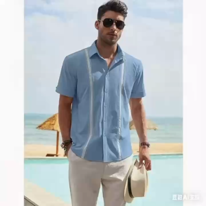 Mens Elegant Short Sleeved Shirt Lapel Button-down Solid Business Shirts Casual Stripe Blouses