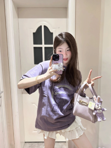 American Style Loose Purple Short Sleeve T-Shirt Womens Summer New Oversize Design Unique Top Commute round Neck Other Material