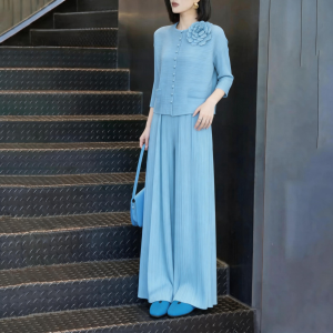 UYFY | Stylish Slimming Blue Round Neck Long Sleeve Shirt and Wide Leg Trousers Set for Women Summer