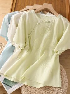 เสื้อเชิ้ตผู้หญิงแขนสั้นคอตั้งพิมพ์ลายดอกไม้ผ้าฝ้ายลินินสไตล์ย้อนยุคฤดูร้อนสีพื้นเอวสูงทรงหลวม