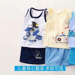 TINGQI Toddler Baby Kids Boys Girls 100% Cotton Clothing Sets Cute Print Vest Tops + Shorts Pants Trousers Home Wear Children Boy Girl Pajamas Clothes Set For 0 1 2 3 4 5 6 7 Years