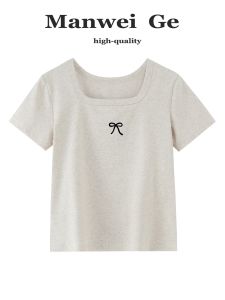 Slim Fit Short Sleeve T-Shirt Womens Cotton Pure Korean Style Square Collar Printed Casual Summer Top Fashionable Shortie