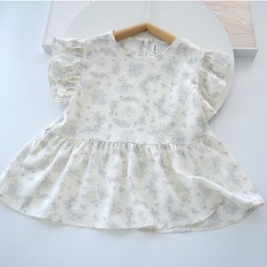 Korean Style Summer T-Shirt for Girls Checks Cotton Gauze Doll Shirt Short Sleeve round Neck Polka Dot Print Casual Kids Wear