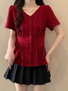AIYITI | Chic Anti-Aging Red V-Neck Short Sleeve T-Shirt Womens Summer New Large Size Elegant Waist-Cinching Belly Concealing Shirt Top