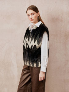 Lolo Fur MKA6226 Color Block Mink round Neck Pullover Vest Semi Zipper Top French Style Loose Fit Regular Length Womens Coat