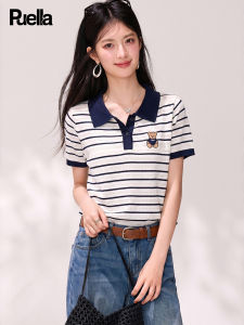 puella | Áo Thun Polo Sọc Cổ Trụ Kiểu Học Đường Tạo Vẻ Trẻ Trung Tay Ngắn