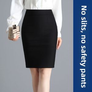 Spring Autumn Midi Skirt Womens Elastic Workwear Black High Waist H-Line Pure Color Commute OL Style with Back Slit