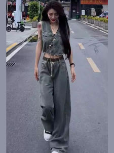 ชุดเดรสสั้นเอวสูงสไตล์ย้อนยุคสไตล์อเมริกัน แขนกุด สำหรับผู้หญิง ชุดกางเกงขายาวทรงหลวม ชุดสองชิ้น ฤดูร้อน 2025