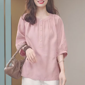 UYFY | Áo sơ mi nữ tay giữa cổ chữ V thoáng khí mùa hè mới đa năng màu hồng cỡ lớn vừa vặn thoải mái thường ngày