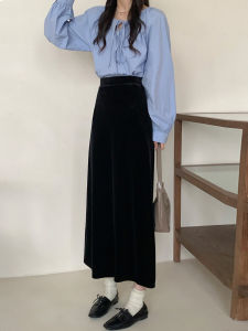 Black French Velvet A-Line Skirt: Gentle Style Women's High Waist Polyester Material