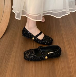 Version Sheepskin! French style Elegant Sequined Fairy Style Spring and Autumn Single-Layer Shoes with Soft Bottom Mary Jane Women Flat Pumps