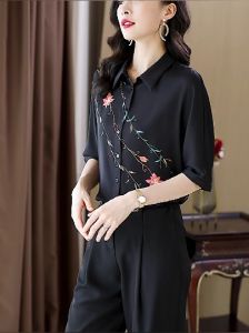 LUXURY Queen Italian Single Black Silk Shirt Womens 2023 Summer New Fashion Print Short Sleeve Big Brand Silk Top