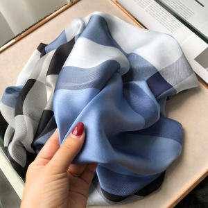 Hangzhou Silk Scarf Silk Women Spring and Autumn Korean Style Versatile Blue Plaid Long Mulberry Silk Scarf Shawl Dual-Use
