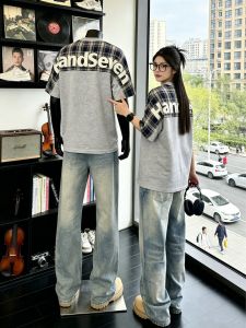 OUMULONG | Checkered Embroidery Cotton T-Shirt Small Collar