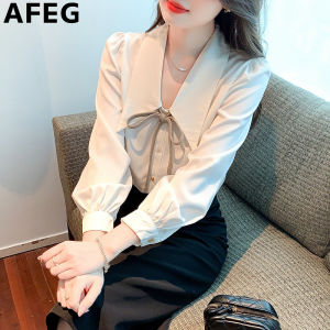 AFEG solid color Korean version doll collar bow fashion loose vintage chiffon long-sleeved blouse