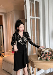 ZY·HT Evening Dress Womens Elegant 2024 New Lace V Neck Irregular Black Dress 20175