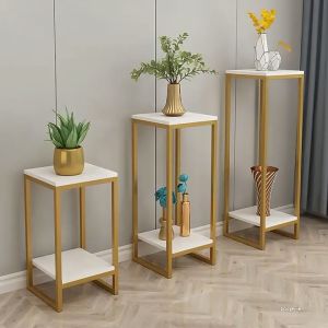 Flower Pot Rack Indoor Plant Stand 2 Layer Storage Stand Organizer Shelf Golden Frame Display for Balcony Living Room