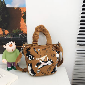 Niche Style Original Cute Puppy Retro Handbag Casual Easiest for Match Canvas Lunch Bag Bucket Shoulder Messenger Bag