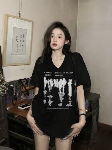 เสื้อยืดคอกว้างแขนสั้นผ้าฝ้ายแท้สไตล์อเมริกันสำหรับผู้หญิง ฤดูใบไม้ร่วง 2025 ใหม่ หวาน น่ารัก ลำลอง หลวม วินเทจ ลำลอง แขนสั้น คอกลม