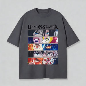 Bandai | Mens Demon Slayer Anime T-Shirt Black Cotton Multi-Eye Character Graphic Short Sleeve Tee for Otaku Casual Daily Wear Campus