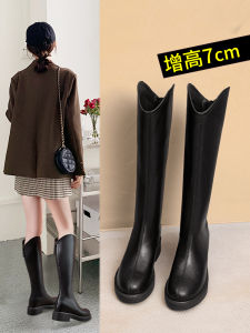 Knee-high Boots Womens Increased Height Small Size High-calf Fashionable Winter Rubber Sole round Toe Pull Zipper Leather