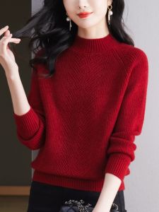Autumn Winter Knitted Base Shirt Womens 2025 Snake Year Fortune Red Fashion Top Winter Inner Wear Sweater Loose Fit Diamond Embellished