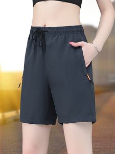 Gray Ice Silk Quick Dry Sports Five-Quarter Shorts Womens Summer Casual Pants Loose Fit High Waist Straight Leg Polyester Fiber
