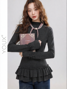 YOUXIANG | Áo Thun Cổ Tròn Viền Nếp Vintage cho Mùa Thu và Đông