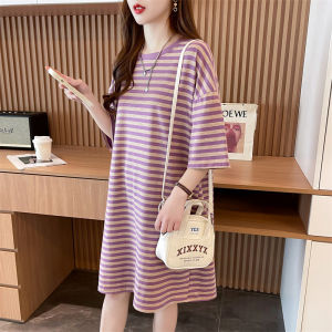 Pure Cotton Striped T-shirt Dress Women Summer Loose Belly Concealing Slimming Casual Short Sleeve Midi Dress