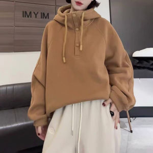 Thickened Hoodie Womens Autumn Loose Outerwear 2025 New plus Size Casual Long Sleeve Top Korean Style Commute Pure Color