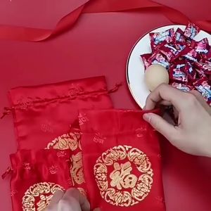 10pcs Pouch Serut Motif Chinese Xi Kantong Tile Wedding Kecil Wedding Candy Bag