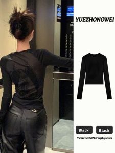 YUEZHONGWEI | Black See-Through Floral Pattern Long-Sleeve Underwear Top for Women