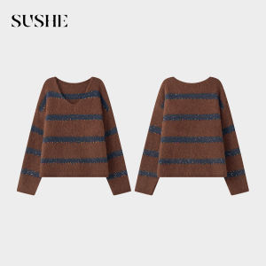 SUSHE | Hóng Zhī Loose Soft Color Ball Sequins Contrast Color V-neck Stripe Knit Top