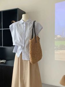 Korean Chic Striped Shirt And Skirt Set Womens Summer High Waist Half Body Two Piece Suit Fashionable Flying Sleeve Polo Neck