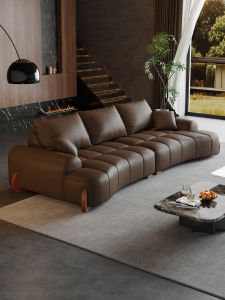 RUFEI | Vintage Wall-Saving Curved Leather Sofa