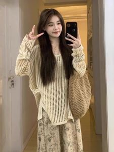 Womens Summer Thin Long Sleeve Knitted Sun Protection Shirt V-neck Korean Style Loose Fit Air Conditioning Top Hollow out