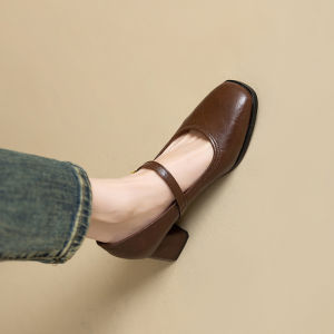 French Style Mary Jane Shoes Leather Handcrafted Thick Heel Womens Spring Autumn Buckle Strap Slip-On round Toe Fashionable