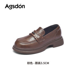 Agsdon Brown Thick Heel Loafers Womens Autumn Style 2025 New Coarse Heel Single Shoes Very Attractive British Style Leather Shoes